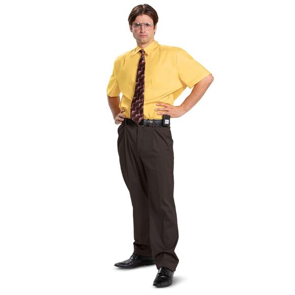 Dwight Schrute Costume XXL 60-62 Adult The Office Dunder Mifflin 1 Piece Yellow - Picture 1 of 2